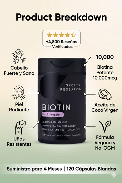 Biotina Max Strength 10,000 mcg – Cabello, Piel y Uñas | 120 Cápsulas Veganas